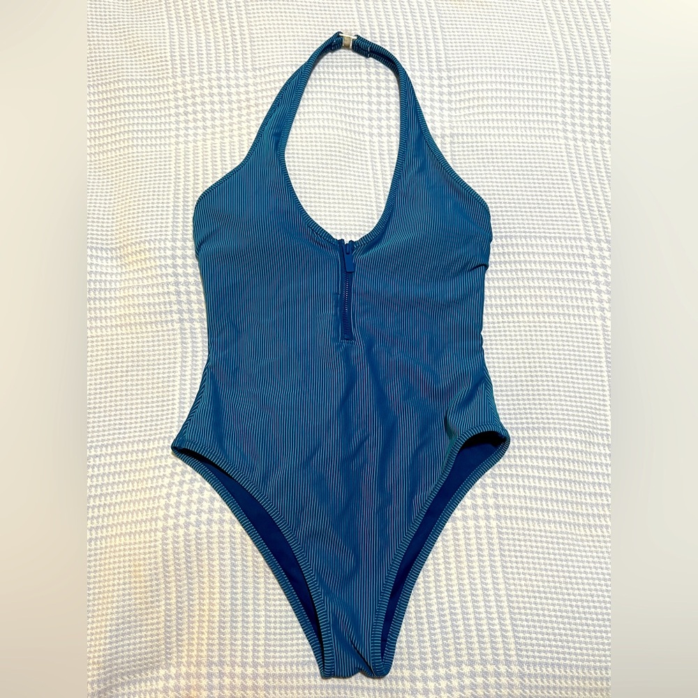 VS Two-Tone Rib Plunge Zip One-Piece Swimsuit